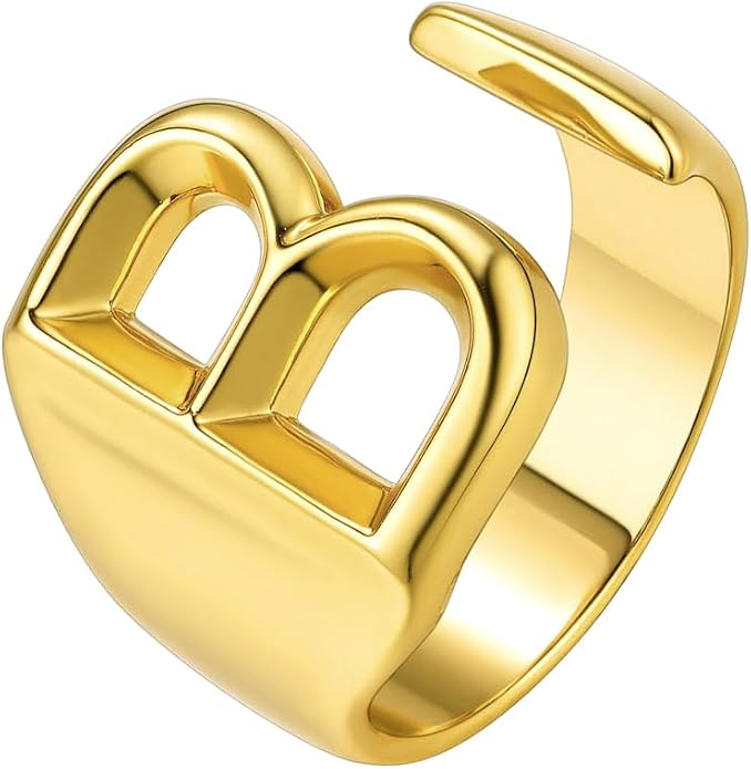 Suplight Nikel Free 18K Gold Plated Letter Rings, Fashion Monogram Jewelry Statement A-Z Wide Name Initial Alphabet Adjustable Open Ring for Women