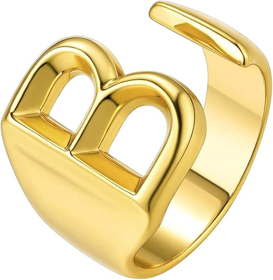Suplight Nikel Free 18K Gold Plated Letter Rings, Fashion Monogram Jewelry Statement A-Z Wide Name Initial Alphabet Adjustable Open Ring for Women