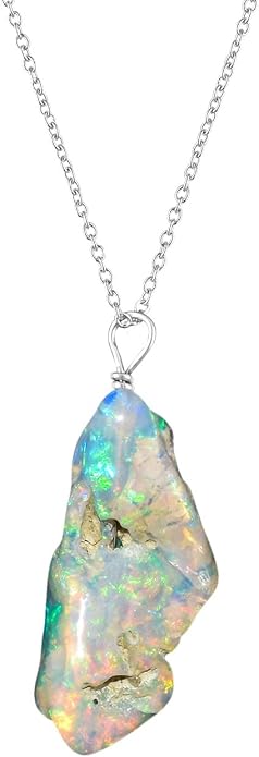 Ultra Fire Raw Ethiopian Opal Rough Dainty Pendant Necklace For Women, Healing Chakra Crystals, Handmade October Birthstone Jewelry, 925 Silver Chain 18 inch, Wedding Gift