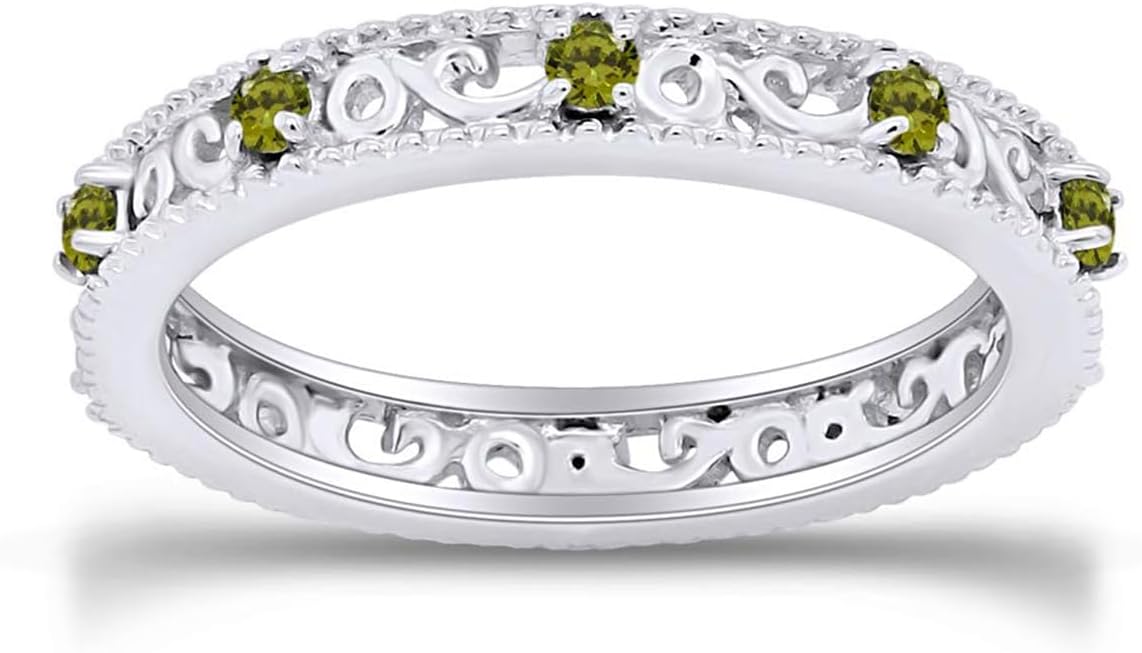 Jewel Zone US Filigree Eternity Wedding Band Ring for Women, Round Cut Simulated Gemstone Stackable Promise Ring in 14K Gold Plated 925 Sterling Silver Band Width 3.5mm – Elegant Jewelry for Her