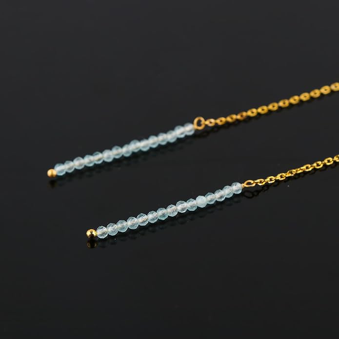 Natural Gemstone Threader Earrings for Women - Dainty 2mm Faceted Beads - Birthstone Crystal Drop Earrings - Silver Plated Healing Jewelry