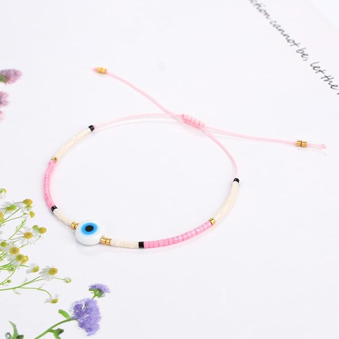 KELITCH Evil Eye Bracelets Crystal Seed Beaded Adjustable Cuff Charms Bracelets Amulet Fashion Jewelry Gift for Women