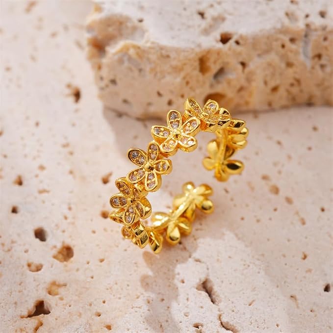 Adjustable Open Dainty Small Daisy Rings Flower Finger Rings for Women Sunflower Stacking Promise Rings Fine Jewelry(Gold)