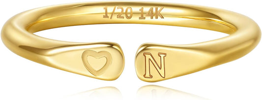 14k Gold Filled Hand Carving Initial Rings for Women Non Tarnish Wedding Heart Shaped Bands for Women