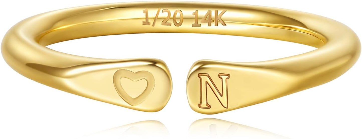 14k Gold Filled Hand Carving Initial Rings for Women Non Tarnish Wedding Heart Shaped Bands for Women