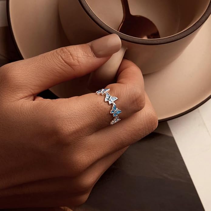 925 Sterling Silver Dainty Daisy Butterfly Paw Heart Eternity Rings Blue Flower Finger Rings for Women Stacking Promise Rings Gift Jewelry