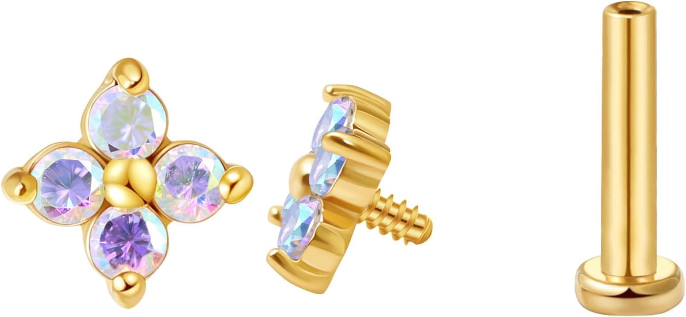 FANSING CZ Flower Internally Threaded Flat Back Earring Labret Stud for Cartilage Tragus Helix Conch