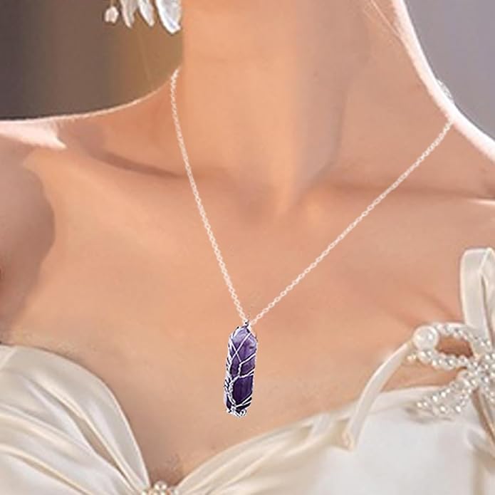 Healing Crystal Stone Necklace Silver Tree Of Life Wire Wrapped Raw Gemstone Hexagonal Prism Pointed Crystal Pendant Necklace Reiki Spiritual Quartz Gemstone Jewelry
