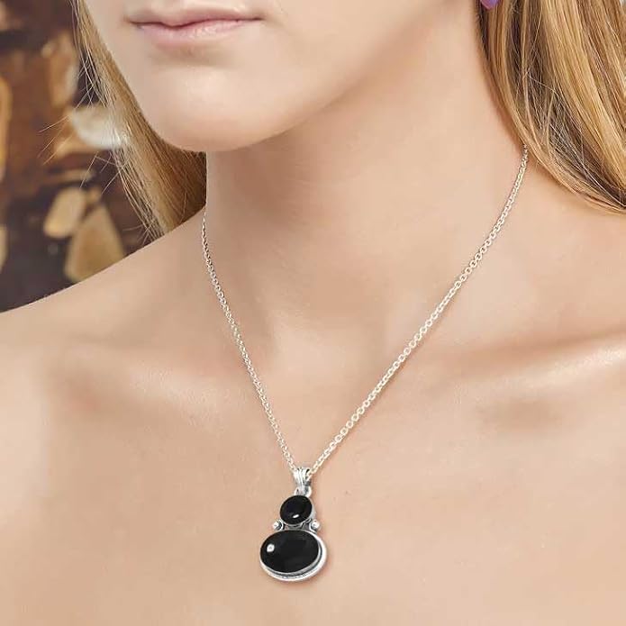 Handmade Genuine 925 Sterling Silver Pendant Necklace Natural Gemstone Crystal, Lapis, Onyx, Amber Oval Round Boho Jewelry For Women