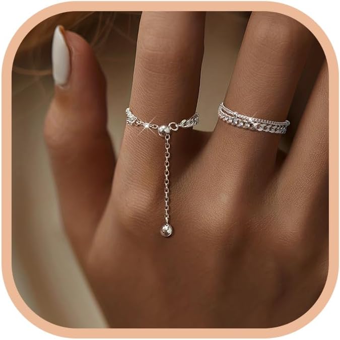 925 Sterling Silver Link Chain Fidget Rings with Dangle Bead Star for Women 14k Gold Plated Adjustable Sparkling Twist Rope Ring Stackable Line Finger Ring Jewelry Christmas Gifts for Mom