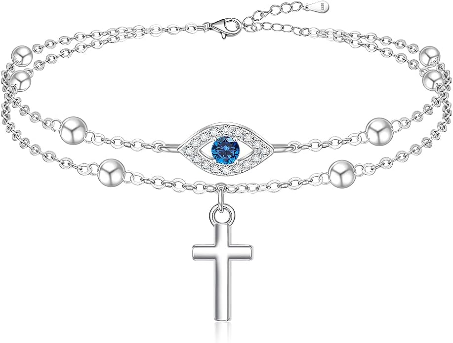 Evil Eye Anklet Sterling Silver Infinity Lotus Flower Evil Eye Anklets for Women Ankle Bracelets Turkish Blue Eyes Protection Chain Jewelry