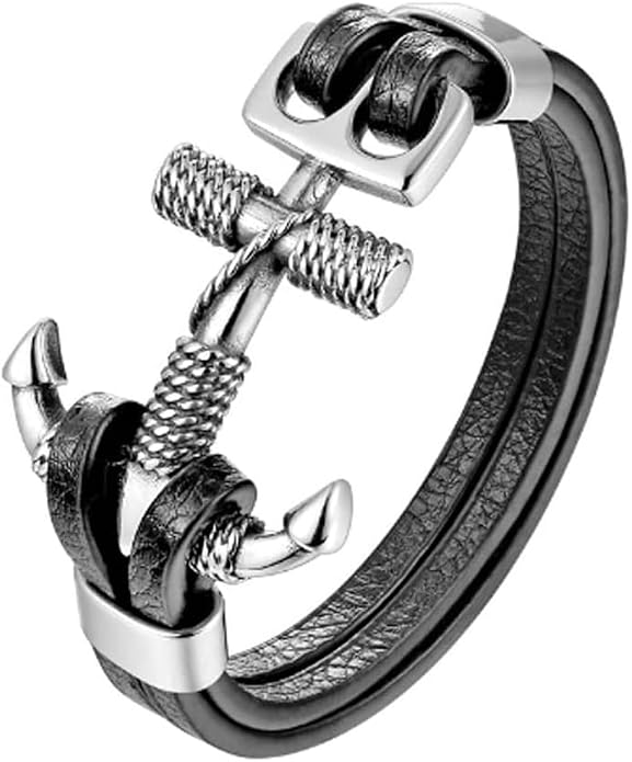HAQUIL Red Lucky Paracord and Rope Anchor Black Leather Bracelets, Durable Unisex Braided Cord with Stainless Steel Closure