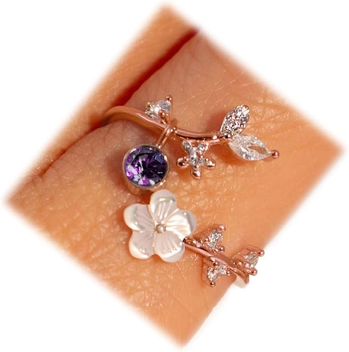Birthstone Flower Rings For Women Non Tarnish Gemstone Cubic Zirconia Mother of Pearl Adjustable Size 7-11 Silver Rose 14K Gold Plated Birth Jewelry Gift For Birthday