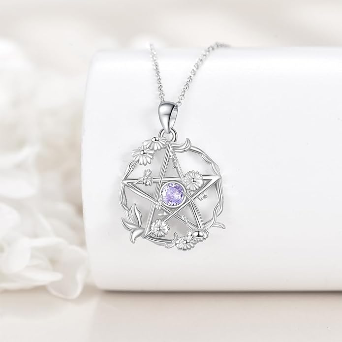 Birthstone Pentagram Necklace for Women 925 Sterling Silver Pentacle Daisy Pendant Pentacle Jewelry Birthday Gifts