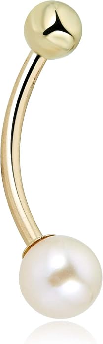 AVORA 10K Yellow/White Gold Freshwater Pearl Belly Button Ring Body Jewelry (14 Gauge)