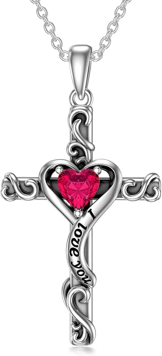 TOUPOP Cross Birthstone Necklace for Women 925 Sterling Silver Heart Cross Pendant I Love You Jewelry Anniversary Birthday Mothers Day Gifts for Mom Wife Her