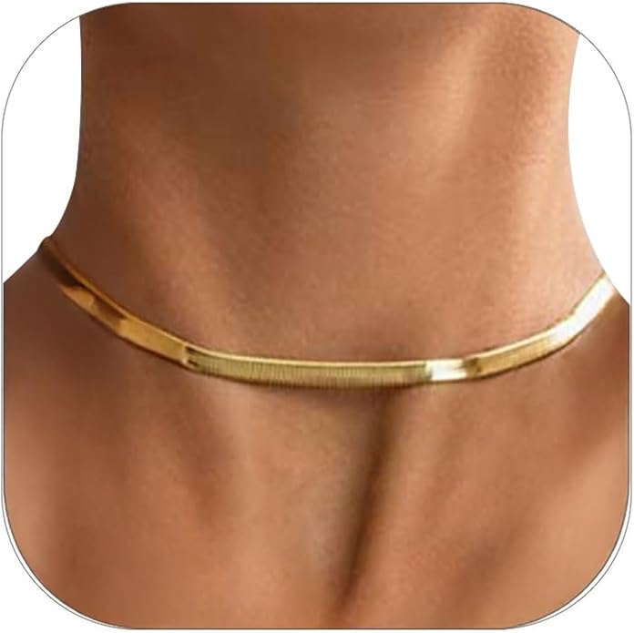 FOCALOOK 14K Gold Plated Necklaces for Women, Fashion Herringbone Choker Necklace Stainless Steel Flat Snake Chain 3/5MM(W) 12.5"/15"/18"+3.5"(L)