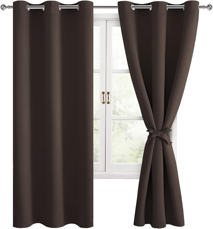 Hiasan Blackout Curtains for Bedroom, 38 x 63 Inches Length - Thermal Insulated & Light Blocking Window Curtains for Living Room, 2 Drape Panels Sewn with Tiebacks, Brown