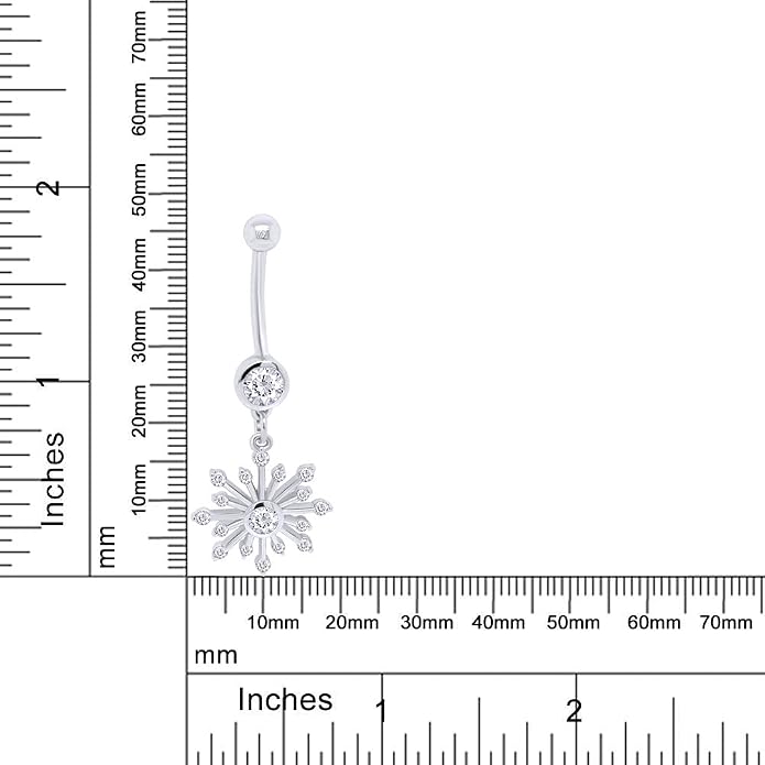 AFFY Snowflake Belly Button Ring for Women Simulated Birthstone, Round Cut Gemstone in 14K Gold Over 925 Sterling Silver, Navel Barbell Piercing Jewelry for Her
