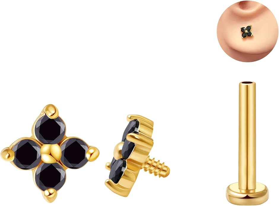 FANSING CZ Flower Internally Threaded Flat Back Earring Labret Stud for Cartilage Tragus Helix Conch