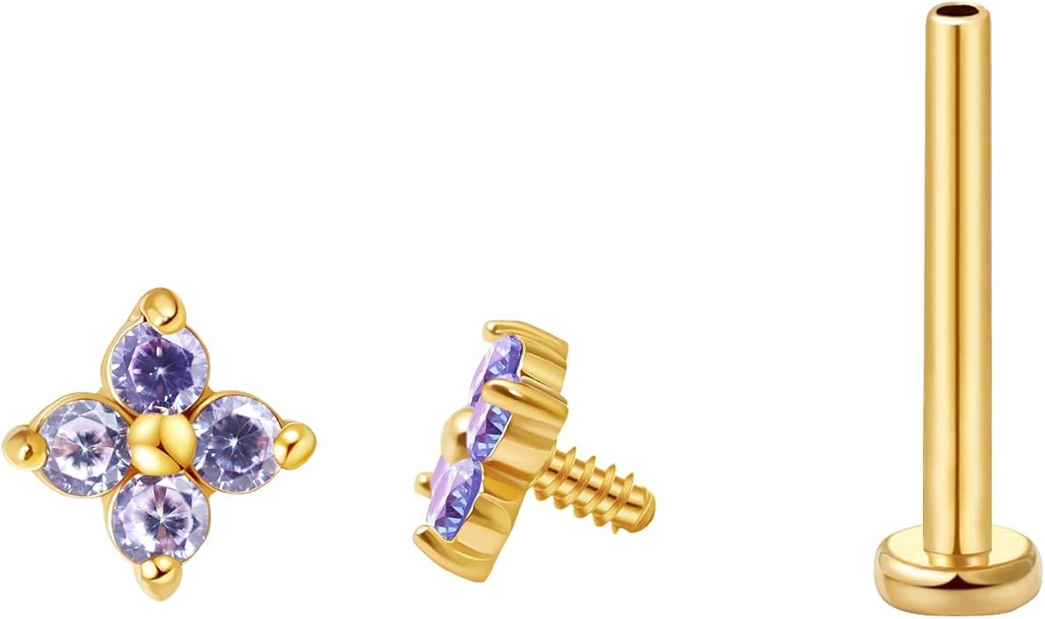 FANSING CZ Flower Internally Threaded Flat Back Earring Labret Stud for Cartilage Tragus Helix Conch