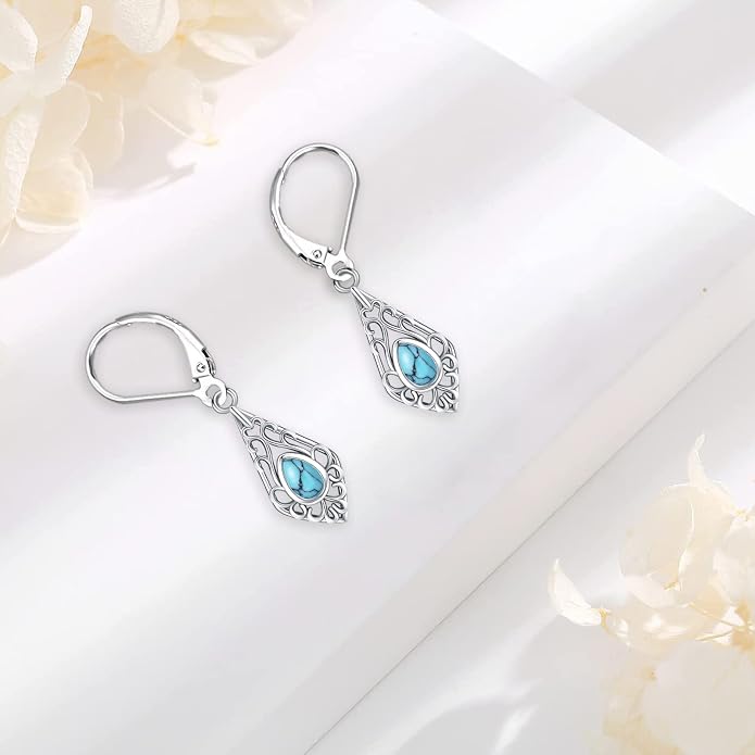 Dangle Earrings Sterling Silver Moonstone/Turquoise/CZ/Crystal Earrings for Women Tree of Life Animal Filigree Leverback Earrings Jewelry Gifts