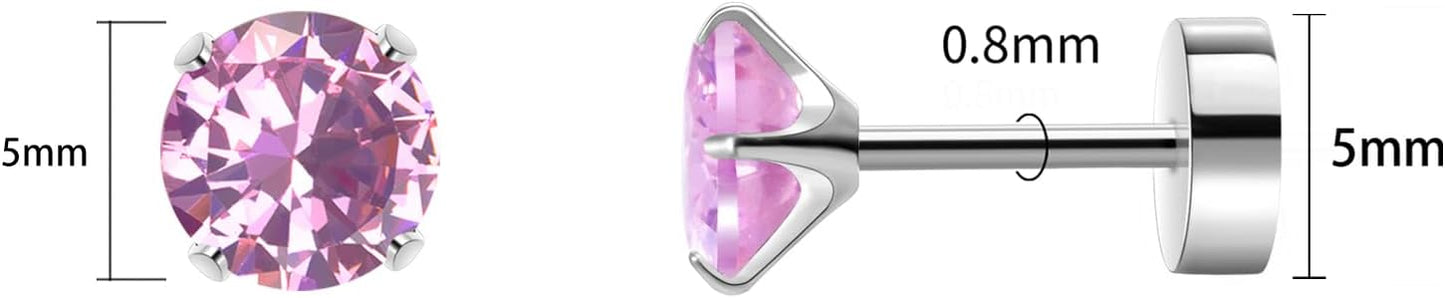 Titanium Earrings for Women Stud Earrings Cubic Zirconia Dainty Screw Flat Back Hypoallergenic Earrings for Women for Multiple Cartilage Helix Conch Tragus Piercing Jewelry for Sensitive Ears