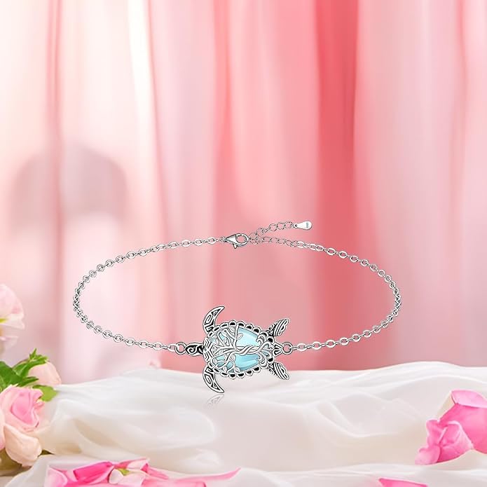 Fenthring Turtle Anklet S925 Sterling Silver Blue Opal Sea Turtle Ankle Bracelets for Women Infinity Wave Ocean Beach Summer Foot Bracelet Jewelry Layered Adjustable
