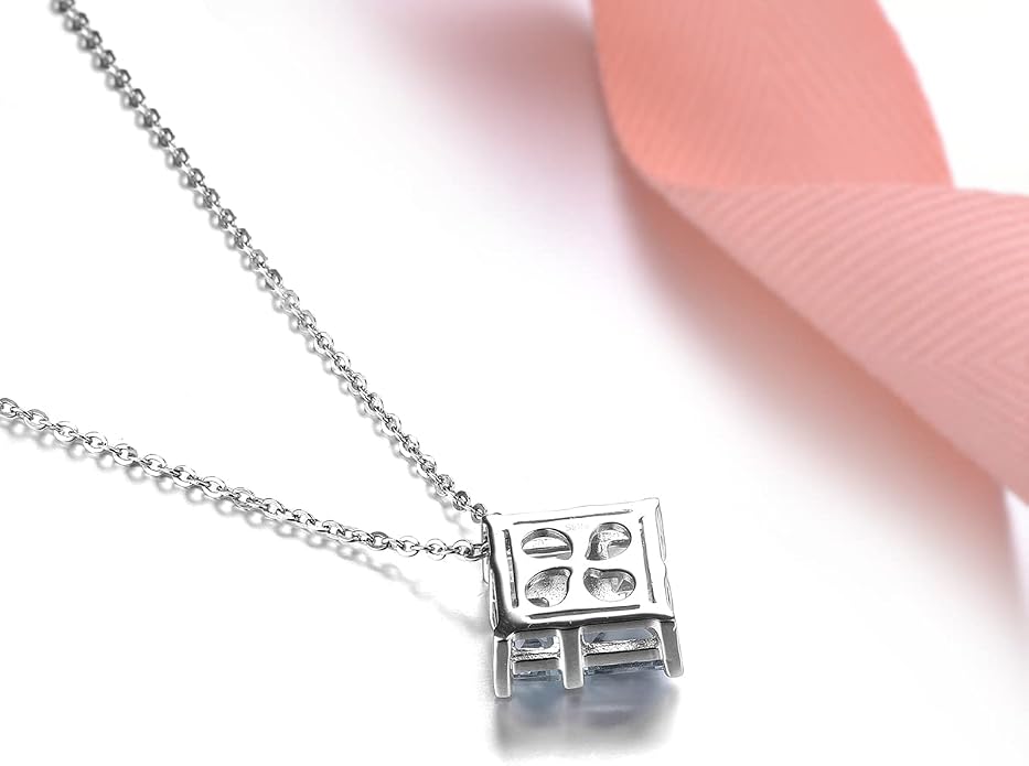 Natural Aquamarine Pendant Necklace for Women S925 Sterling Silver Gemstone March Birthstone Square Elegant Charm Fine Jewelry for Birthday
