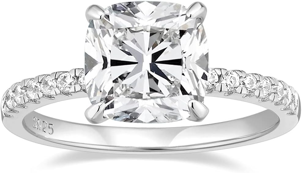 EAMTI 3.5CT 925 Sterling Silver Rings Cushion Cut Cubic Zirconia CZ Engagement Wedding Bands for Women Promise Rings for Her Size 3-11
