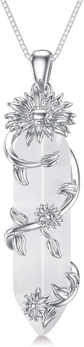 Healing Crystal Necklace 925 Sterling Silver Sunflower/Tree of Life Wrapped Pendant Reiki Energy Jewelry for Women