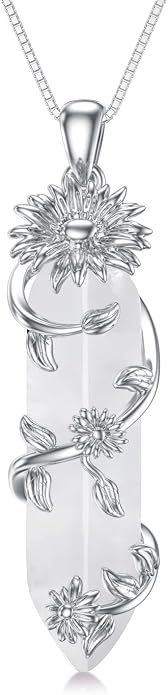 Healing Crystal Necklace 925 Sterling Silver Sunflower/Tree of Life Wrapped Pendant Reiki Energy Jewelry for Women