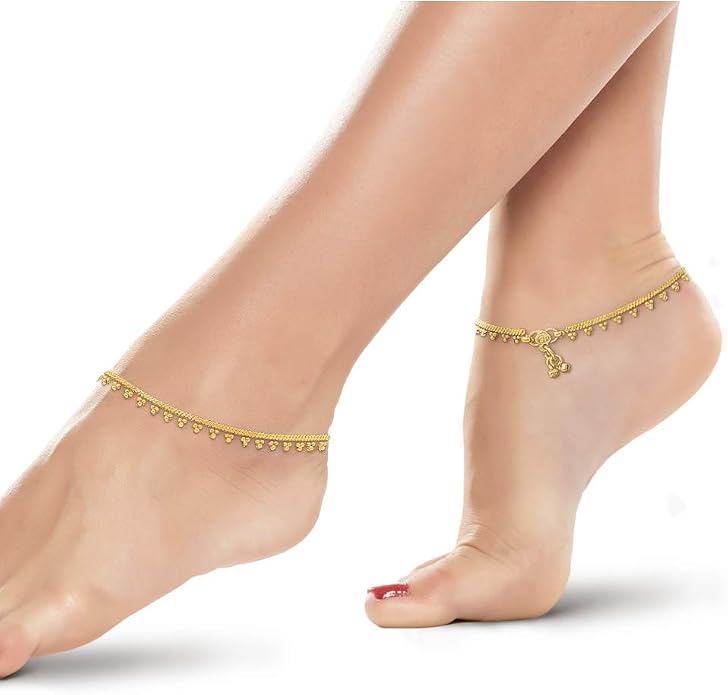 Duel On Jewel Gold Payal Set for Women, Indian Paayal Jhanjar Chain Anklets with Bell Detail, Foot Jewelry Pair, 10 Inch Comfort Fit, Traditional & Dainty Styles for Wedding Beach Everyday Gift