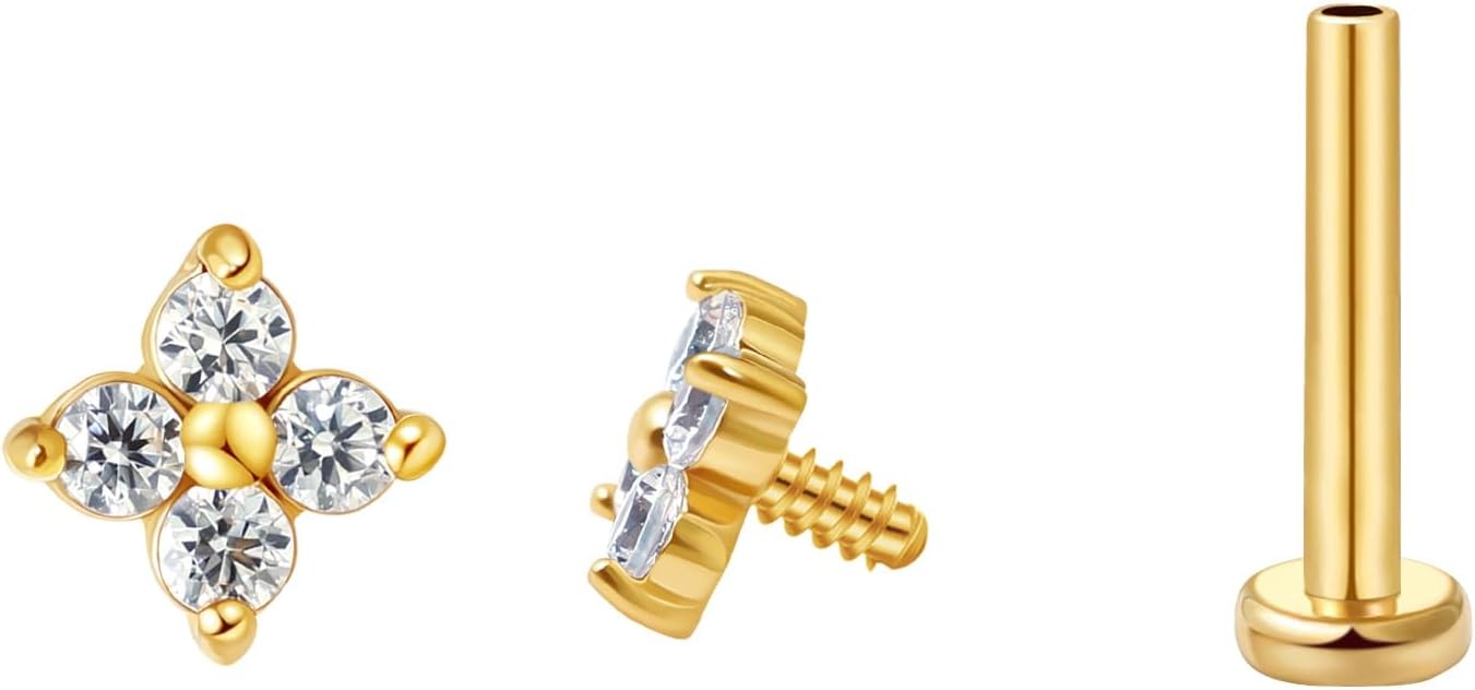 FANSING CZ Flower Internally Threaded Flat Back Earring Labret Stud for Cartilage Tragus Helix Conch