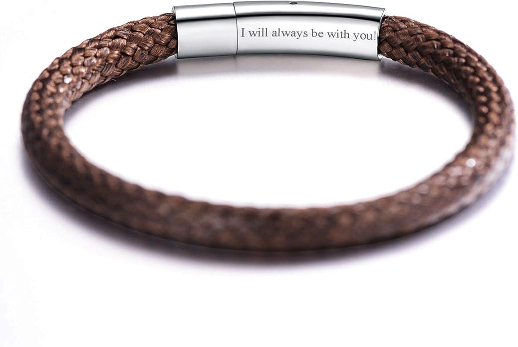 FOCALOOK Braided Leather Bracelets for Men, Black/Brown Stainless Steel Engraved Inspirational Bangle Cuff Bracelet with Clasp, Valentines Day Gifts for Him Husband Friends