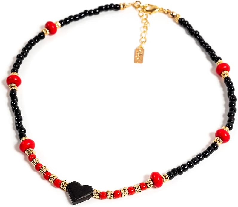Bohemian Genuine Natural Azabache Heart Pendant Red Beaded Necklace Protector Amulet Againt Envy Boho Style