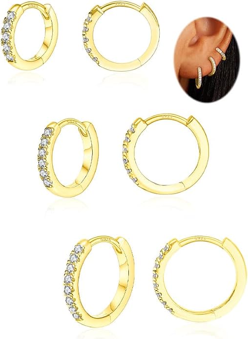 3 Pairs Small Huggie Hoop Moissanite Earrings for Women Men, Hypoallergenic 925 Sterling Silver Cartilage Earrings, Gifts Jewelry Set
