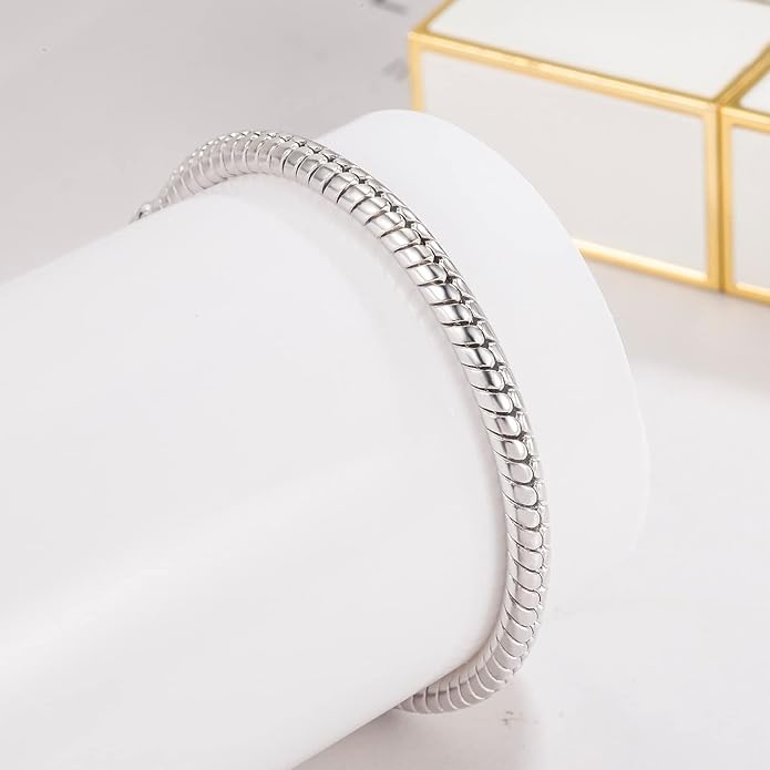 Dankadi Italy Smooth 3MM 4MM Round Snake Chain Bracelet Solid 925 Sterling Silver Men Women 6.3" 6.7" 7" 7.5" 8" 8.5" 9" 9.5" Bangle Charm Jewelry Gift