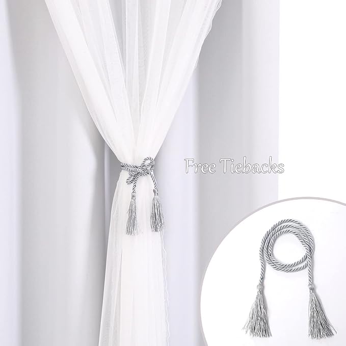 Greyish White Blackout Curtains Set - Double Layers Voile Sheer Light Blocking Draperies with Tie-Backs for Bedroom Windows, 52 x 63 inches, Greyish White, 2 Pieces