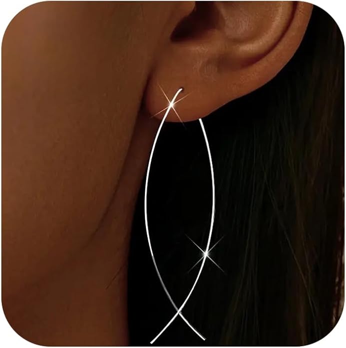 925 Sterling Silver Dainty Hard Wire Threader Dangle Earrings for Women 14k Gold Plated Tassel Threader Pull Through Long Half Hoop Earring Wedding Bridal Birthday Jewelry Gifts