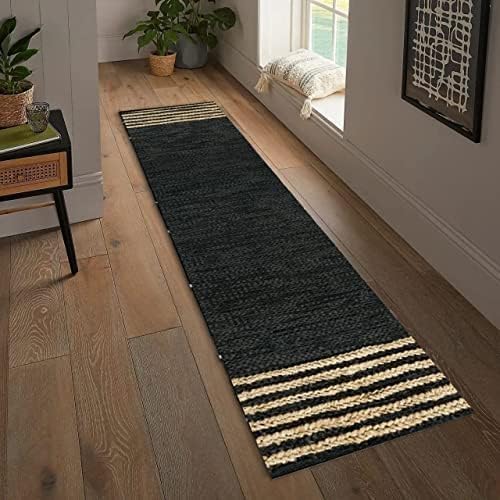 GRUHUM Jute Runner Rug 2'6"x 8' ft Natural Fiber Leather Black Jute Area Rug Handwoven Boho Farmhouse Braided Rustic Vintage Ecofriendly Indoor Rugs for Kitchen Living Room Bedroom Hallways Entryways