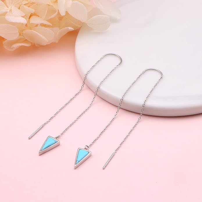 Threader Earrings Triangle Earrings Sterling Silver Created Opal Dangle Drop Long Chain Earring for Women Thread Earrings