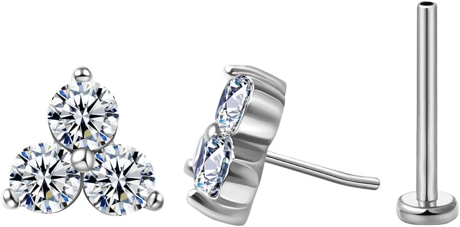 FANSING Cartilage Earring Tragus Stud Trio CZ Stone Flat Back Earring for Helix Conch Threadless Push Pin Labret Stud