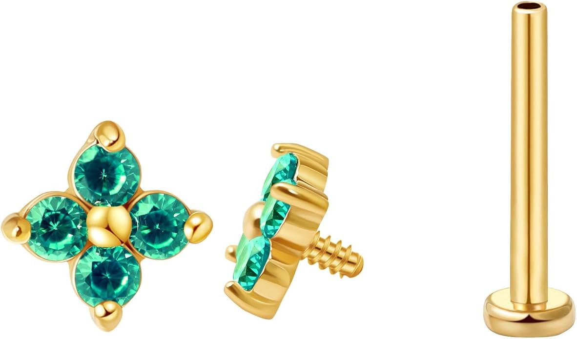 FANSING CZ Flower Internally Threaded Flat Back Earring Labret Stud for Cartilage Tragus Helix Conch