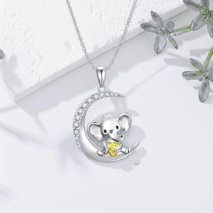 PROESS Animal Birthstone Necklace 925 Sterling Silver Otter/Axolotl/Hippo/Elephant/Dachshund/Monkey/Red Panda Pendant Necklace Animal Birthstone Jewelry Gifts for Women