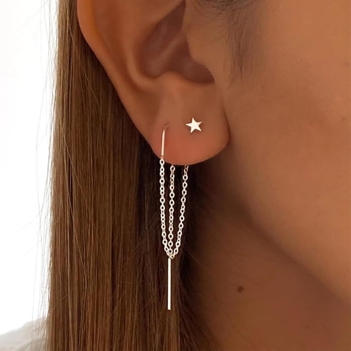 Sterling Silver Threader Chain Earrings for Women Girls Long Chains Tassel Dangle Drop Double Piercing Studs Earring Hypoallergenic Cute Birthday Holiday Travel Accessories Jewelry Gifts