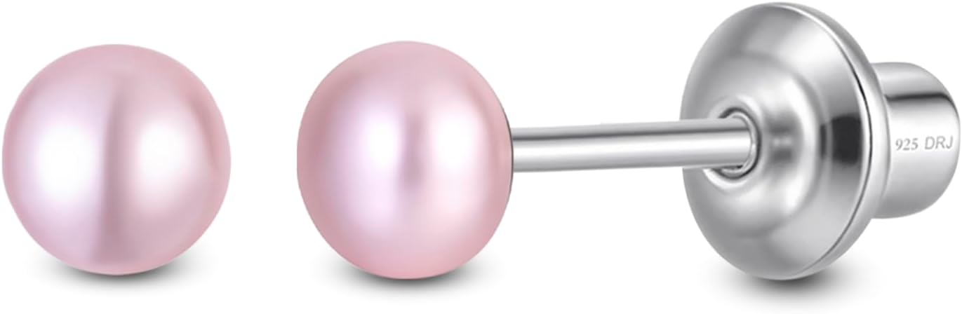Pearl Screw Back Stud Earrings for Baby, Toddler, Girls | Hypoallergenic 925 Sterling Silver Screwback Safety Earrings | Simulated Pearl Studs for Sensitive Ears | Keepsake Gift for Birthdays Holidays Special Occasions