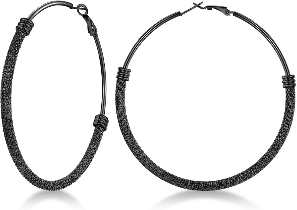 FOCALOOK 14K Gold Plated Hoop Earrings, Lightweight Hypoallergenic Large Stainless Steel Black Hoops Earrings for Women 20/30/40/50/60/70/80mm