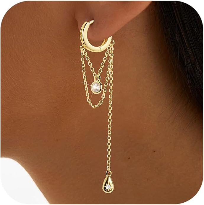 CZ Chain Hoop Dangle Earrings for Women S925 Sterling Silver Cubic Zirconia Dangling Earrings Chain Tassel Drop Earring Hoop Earring Huggies Fashion Wedding Jewelry Gifts
