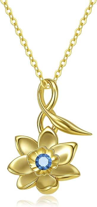Birth Flower Birthstone Necklace for Women: Solid 925 Sterling Silver 14K Gold Plated Hypoallergenic Non-tarnish, Birth Month Flower Necklace Personalized Birthday Gifts for Wife Girlfriend Daughter